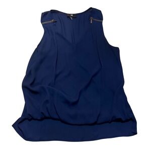 Byer California Navy Blue Sleeveless Blouse V-Neck Gold Zipper Shoulder Accent L